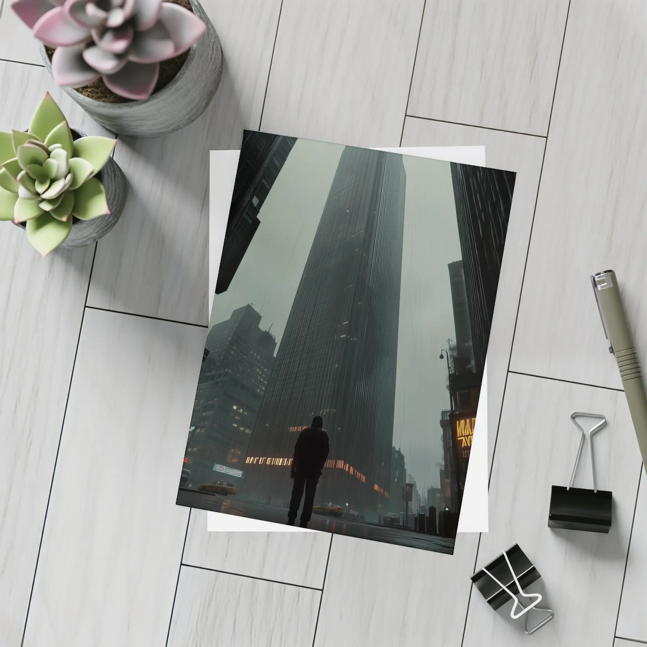 Lone Figure Standing Before Dark Rainy Skyscraper – Postcards