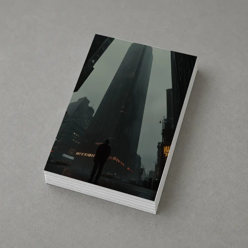 Lone Figure Standing Before Dark Rainy Skyscraper – Postcards