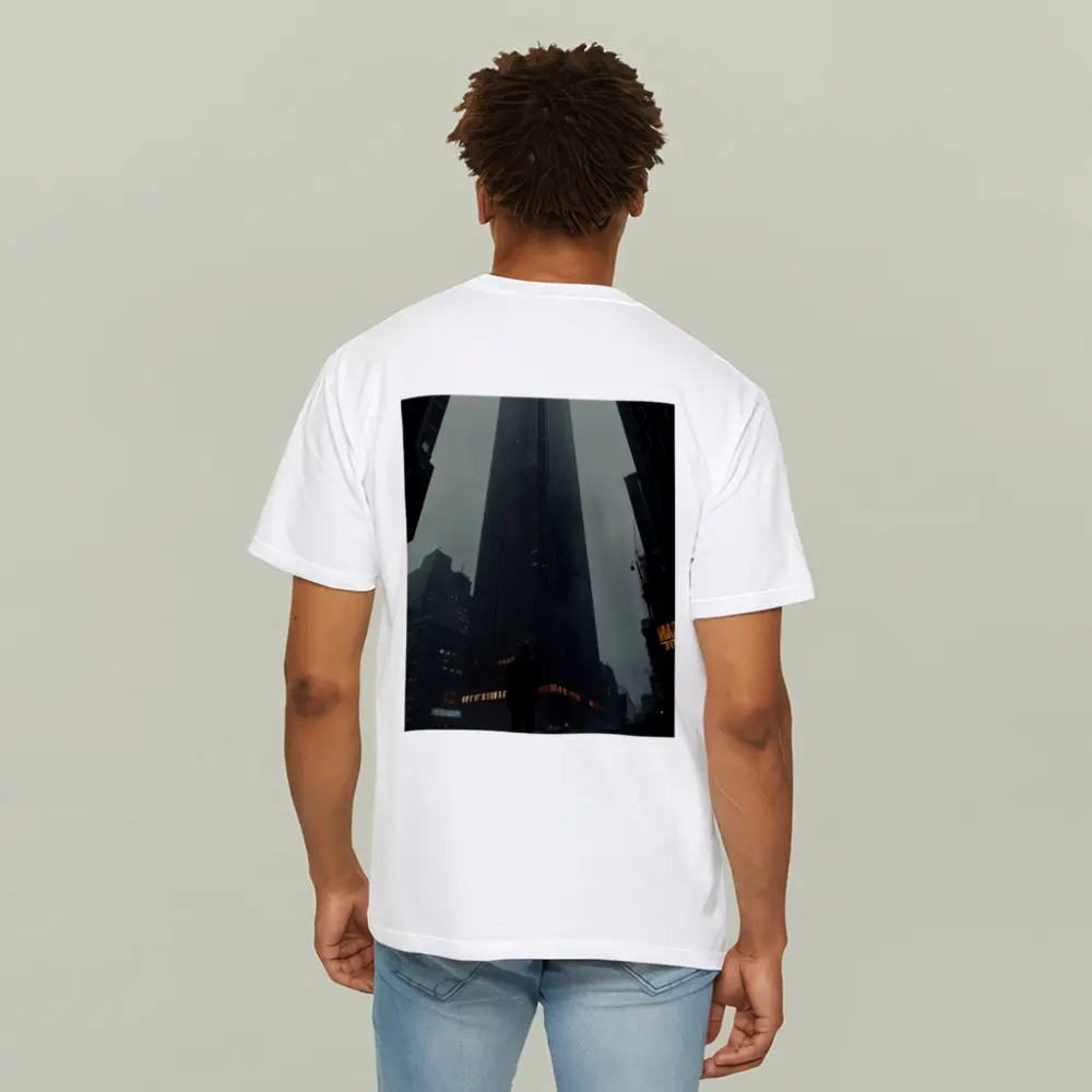 Lone Figure Standing Before Dark Rainy Skyscraper – T-Shirts