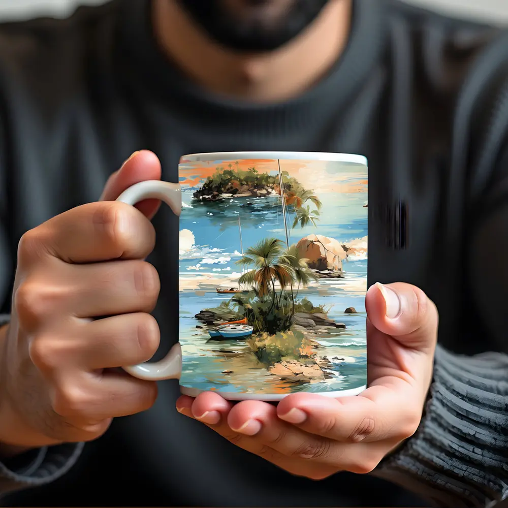 Tropical Island Sailboat Painting Blue Ocean – Mugs