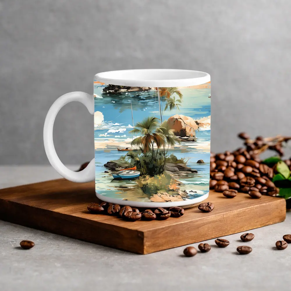 Tropical Island Sailboat Painting Blue Ocean – Mugs