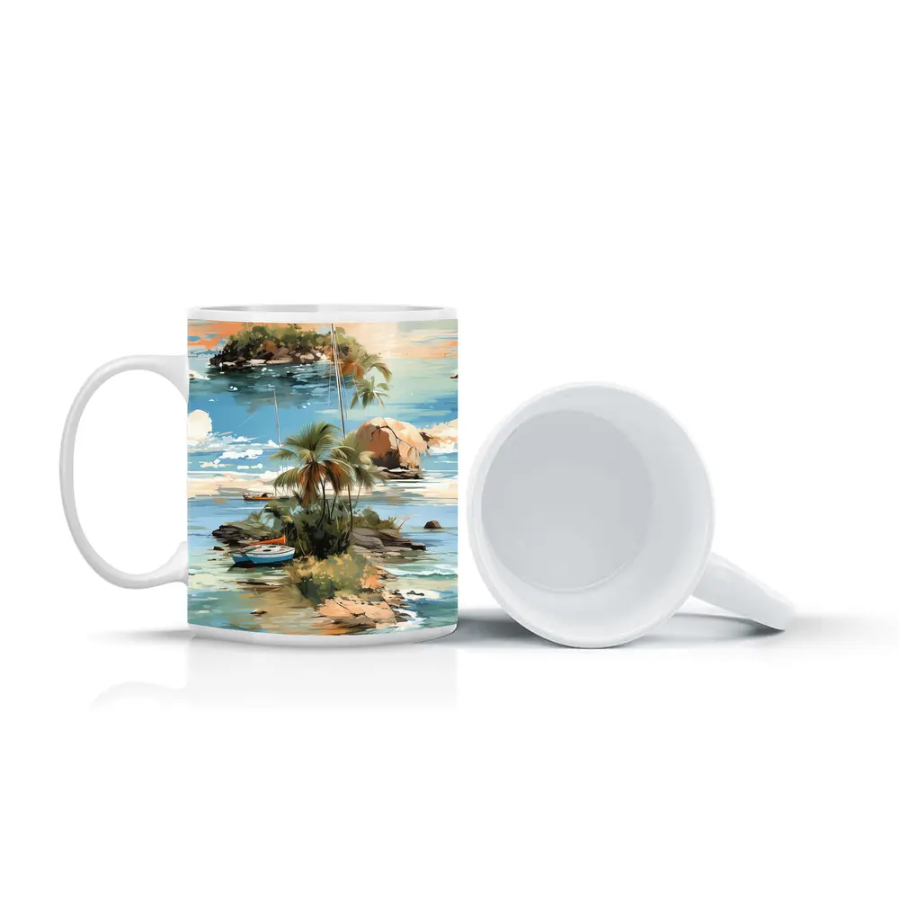 Tropical Island Sailboat Painting Blue Ocean – Mugs