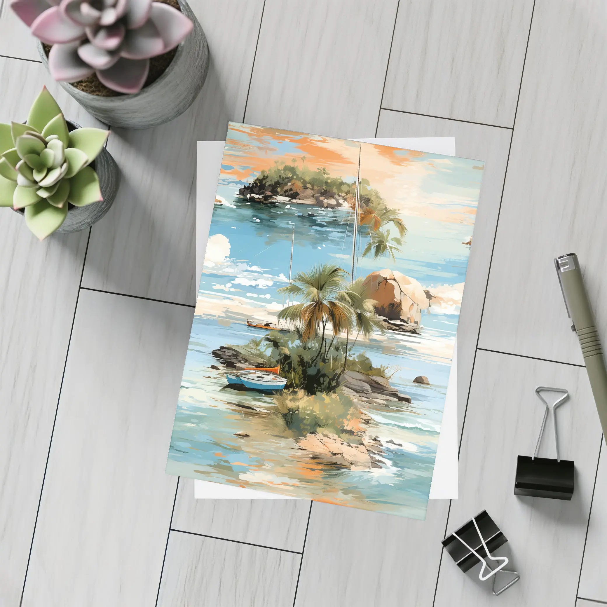 Tropical Island Sailboat Painting Blue Ocean – Postcards