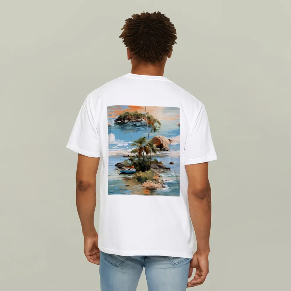 Tropical Island Sailboat Painting Blue Ocean – T-Shirts
