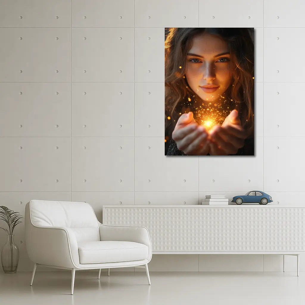 Young Woman Holding Golden Sparkling Light – Wall Art