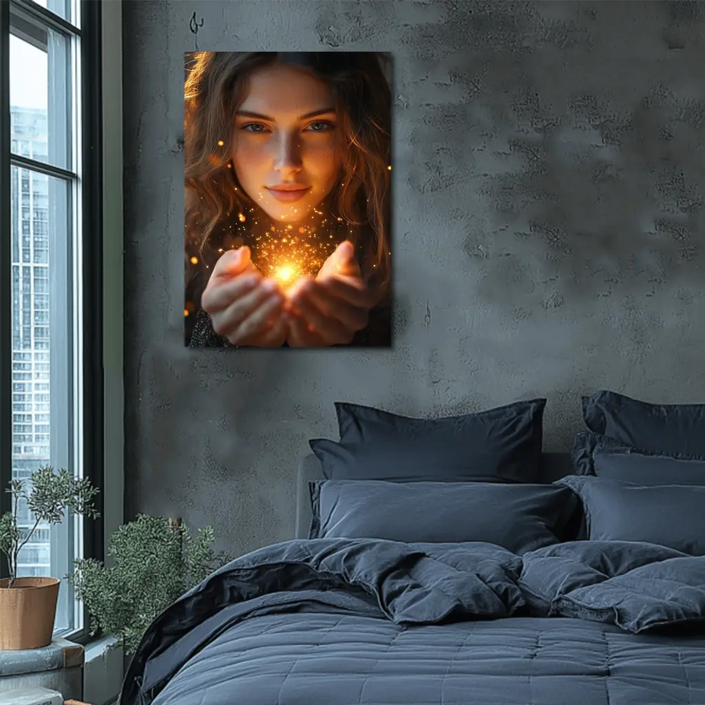 Young Woman Holding Golden Sparkling Light – Wall Art