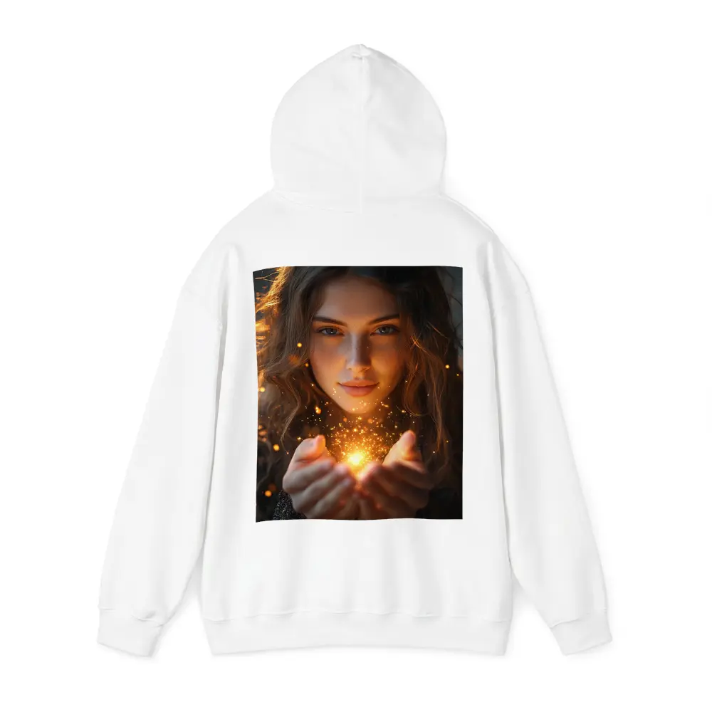 Young Woman Holding Golden Sparkling Light – Hoodies