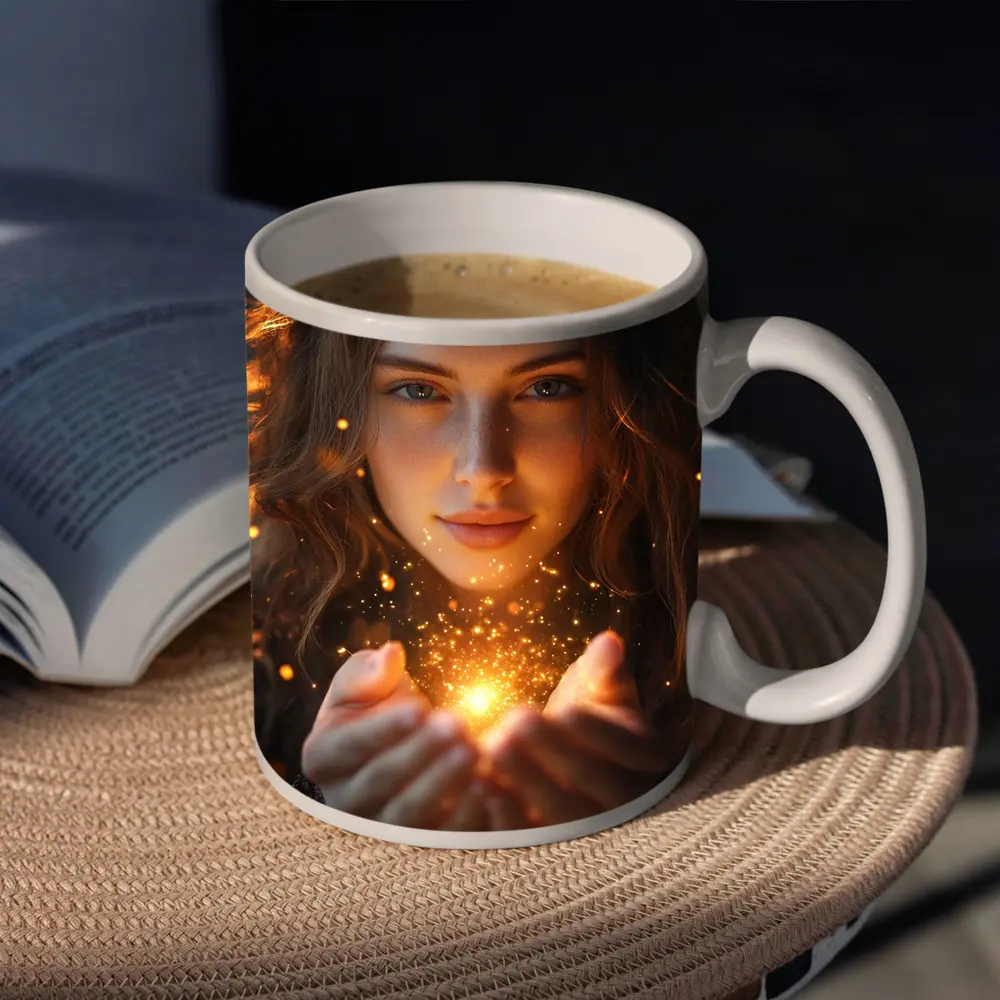 Young Woman Holding Golden Sparkling Light – Mugs