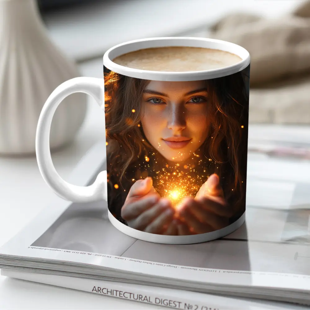 Young Woman Holding Golden Sparkling Light – Mugs