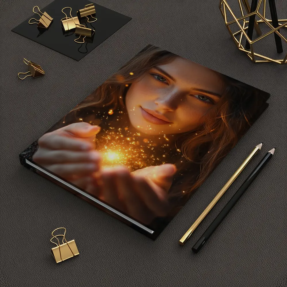 Young Woman Holding Golden Sparkling Light – Notebooks