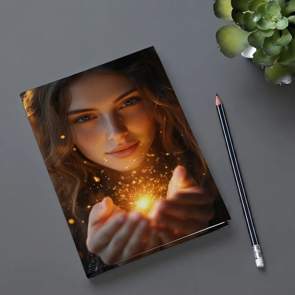 Young Woman Holding Golden Sparkling Light – Notebooks