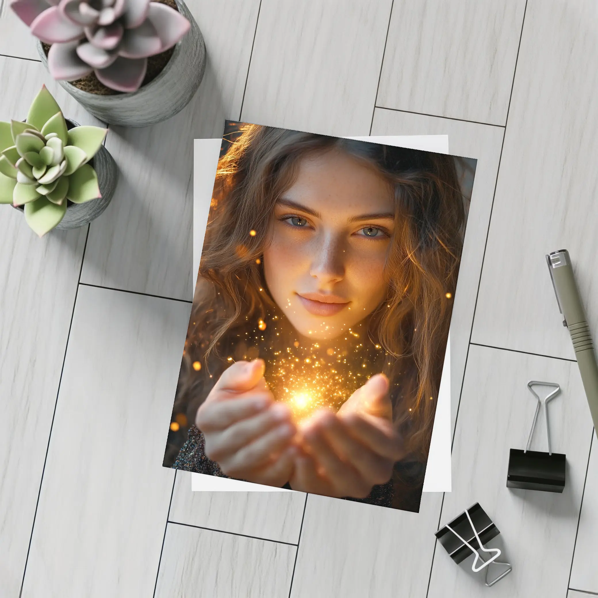 Young Woman Holding Golden Sparkling Light – Postcards