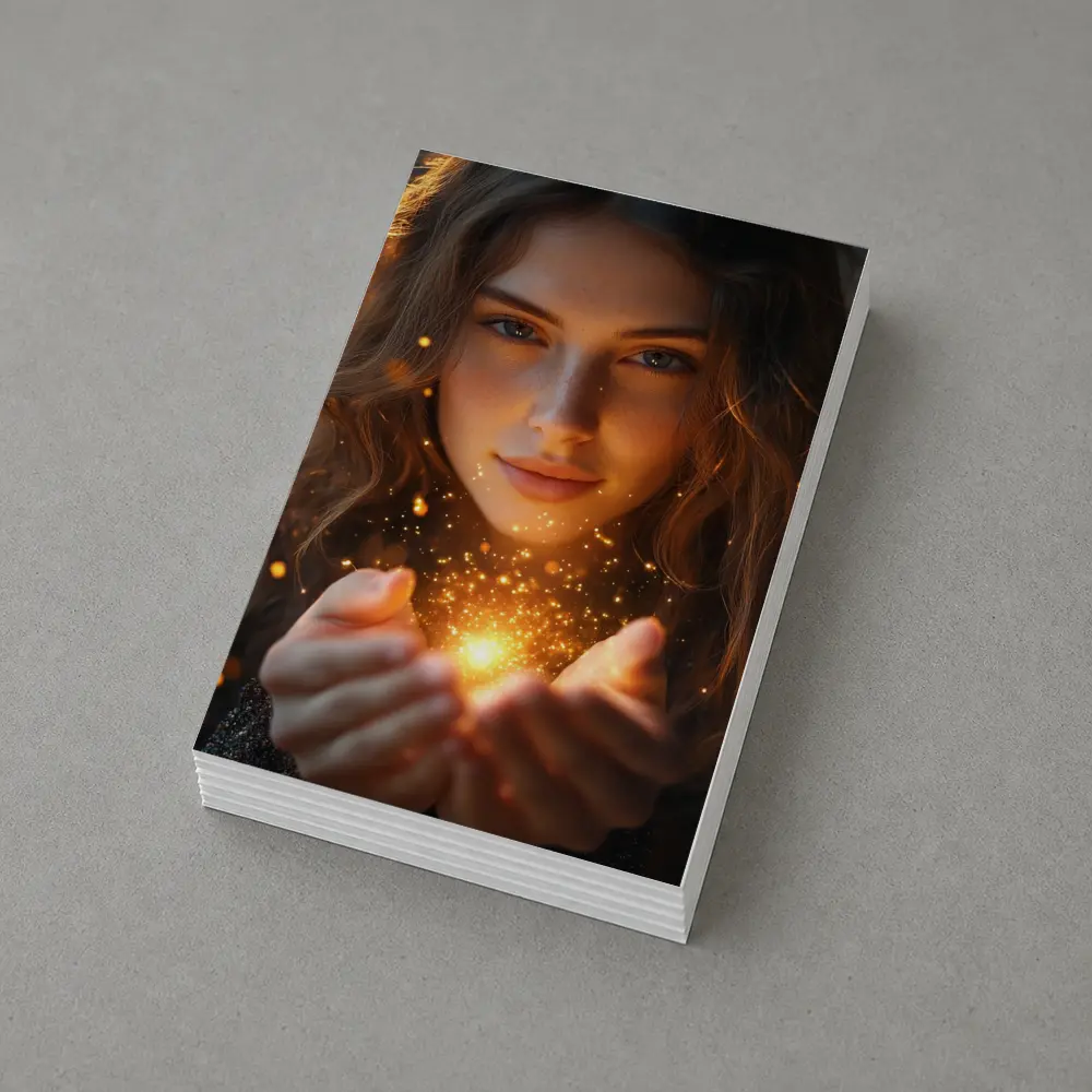 Young Woman Holding Golden Sparkling Light – Postcards