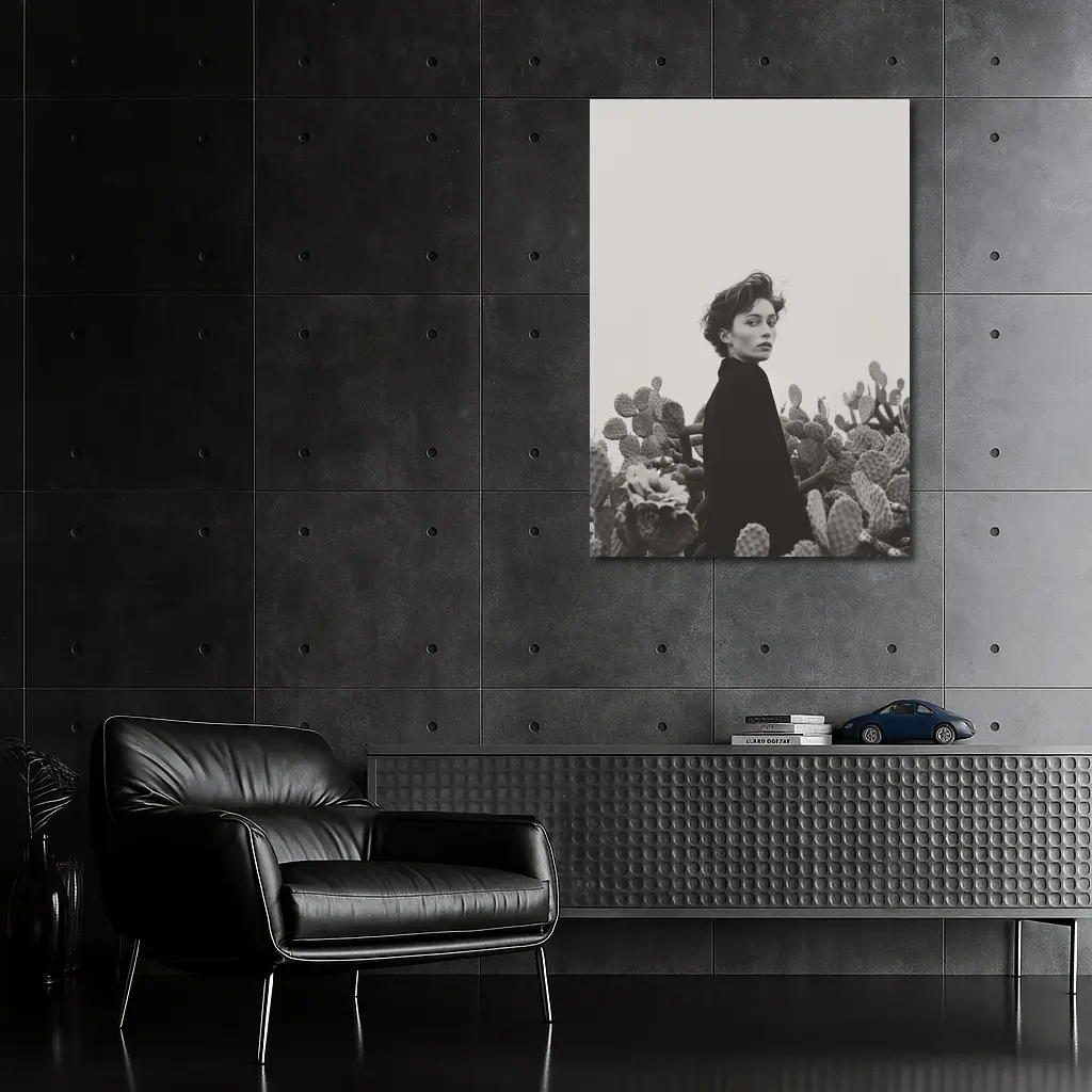 Woman Among Cactus Black White Portrait – Wall Art