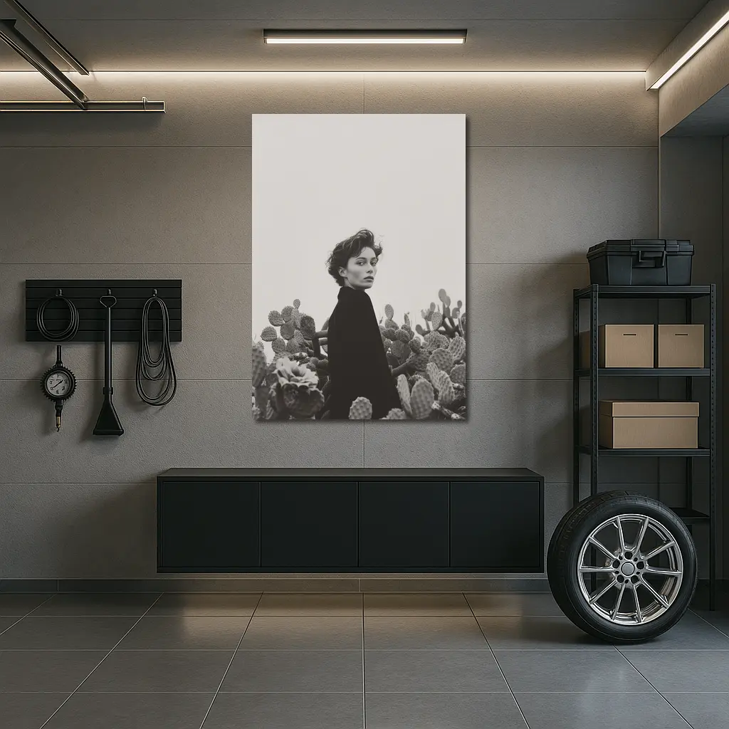 Woman Among Cactus Black White Portrait – Wall Art