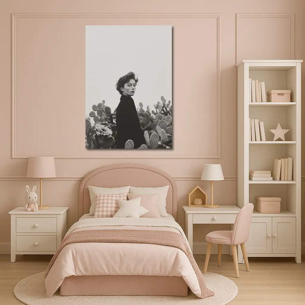 Woman Among Cactus Black White Portrait – Wall Art