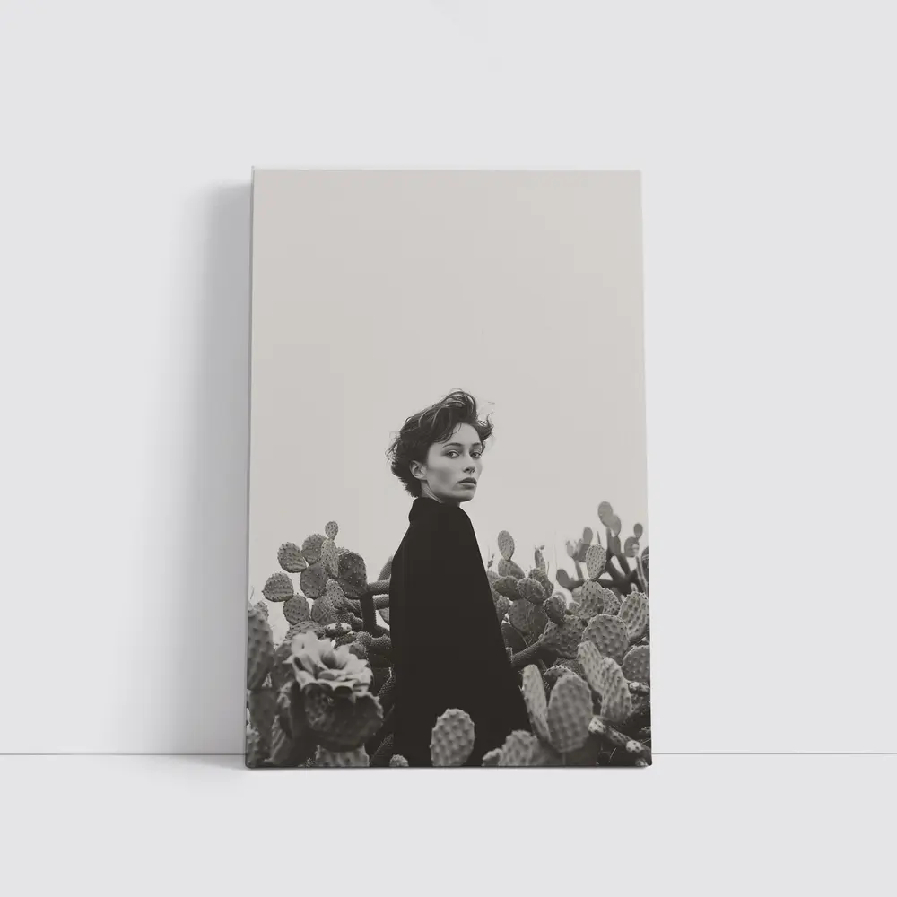 Woman Among Cactus Black White Portrait – Wall Art