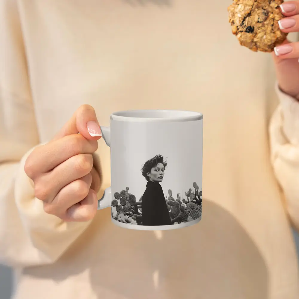 Woman Among Cactus Black White Portrait – Mugs
