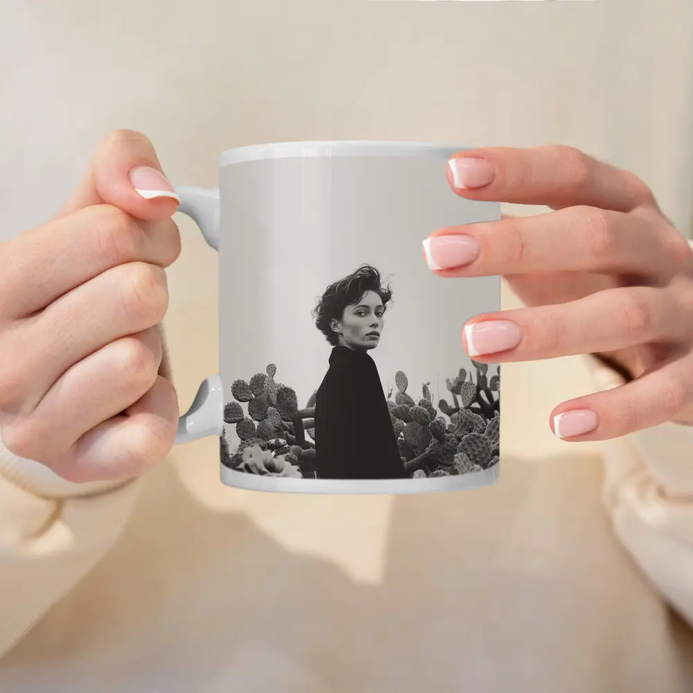 Woman Among Cactus Black White Portrait – Mugs