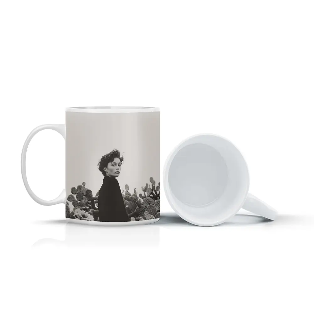 Woman Among Cactus Black White Portrait – Mugs