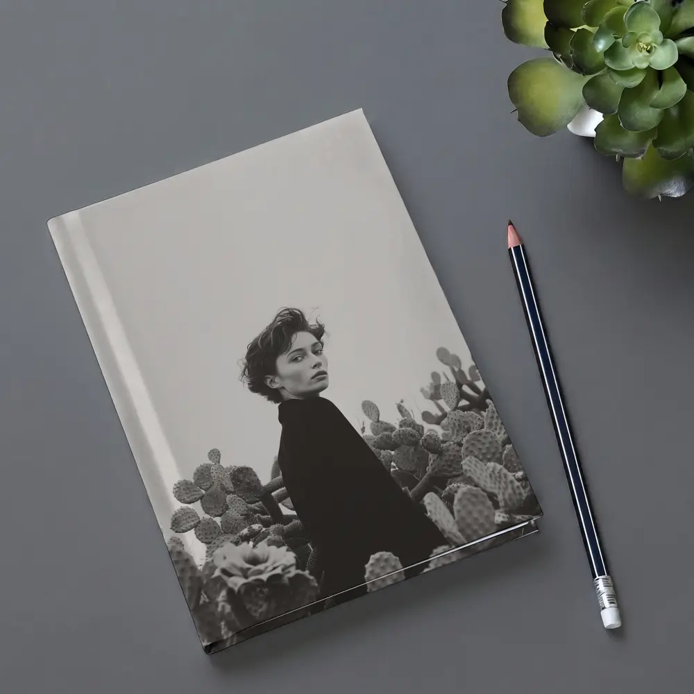 Woman Among Cactus Black White Portrait – Notebooks