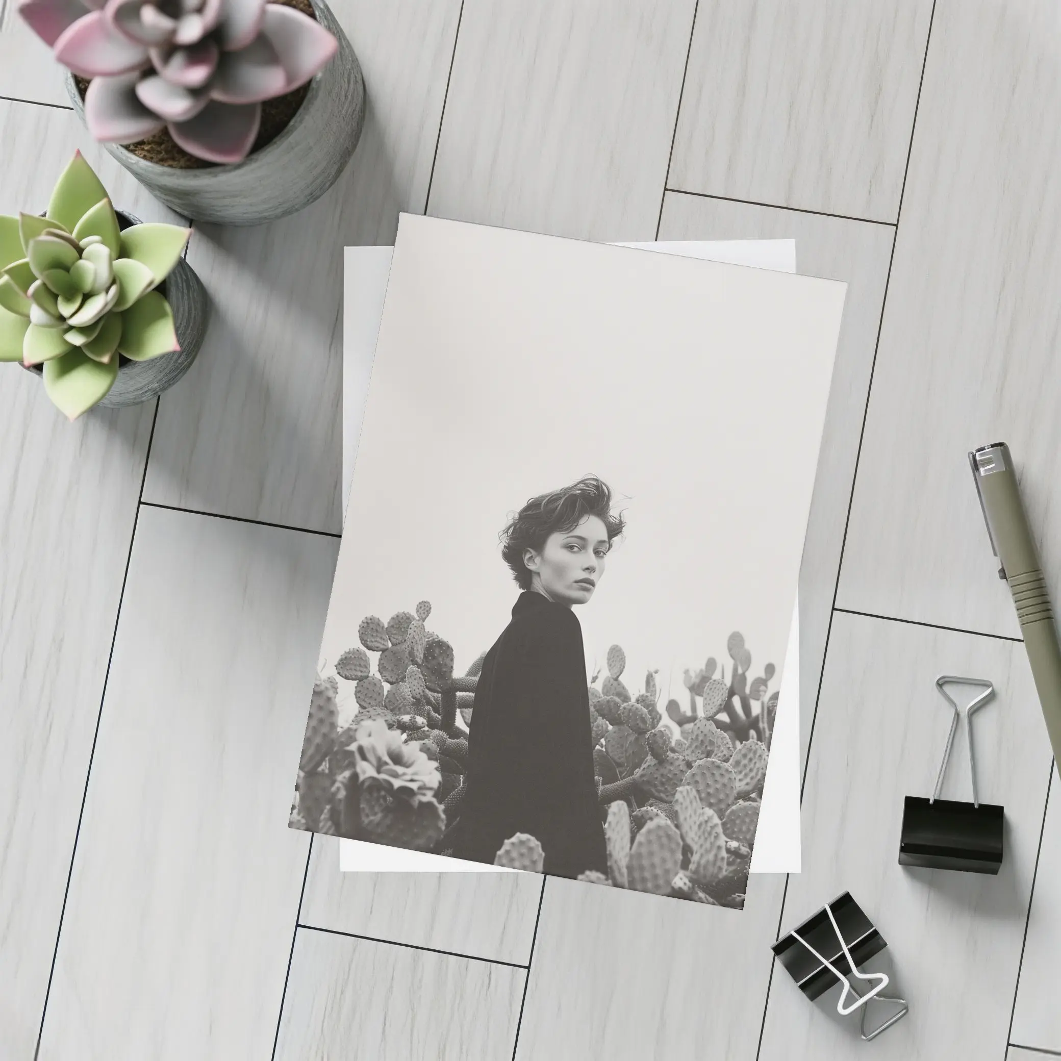 Woman Among Cactus Black White Portrait – Postcards