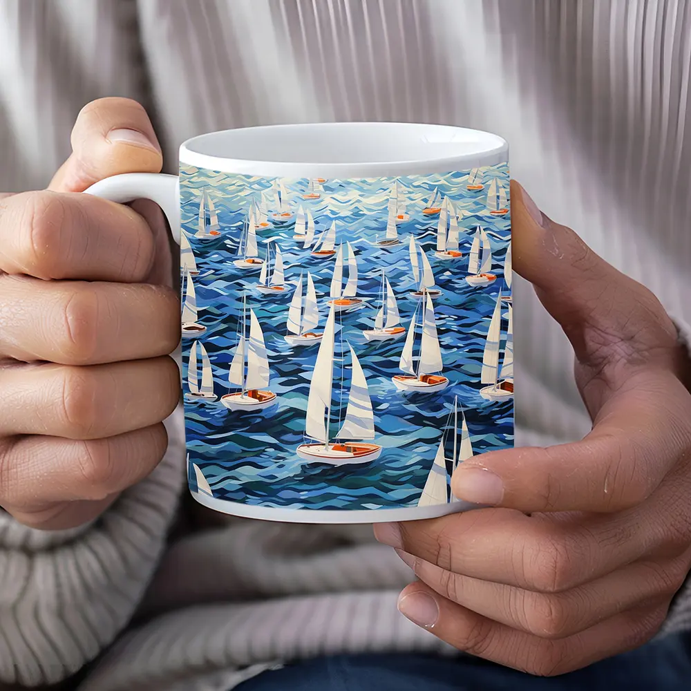 Sailboats Racing Blue Ocean Waves Art – Mugs