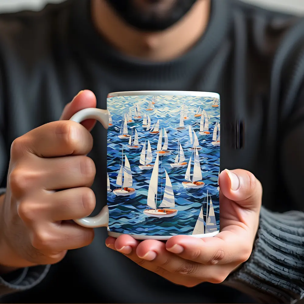 Sailboats Racing Blue Ocean Waves Art – Mugs