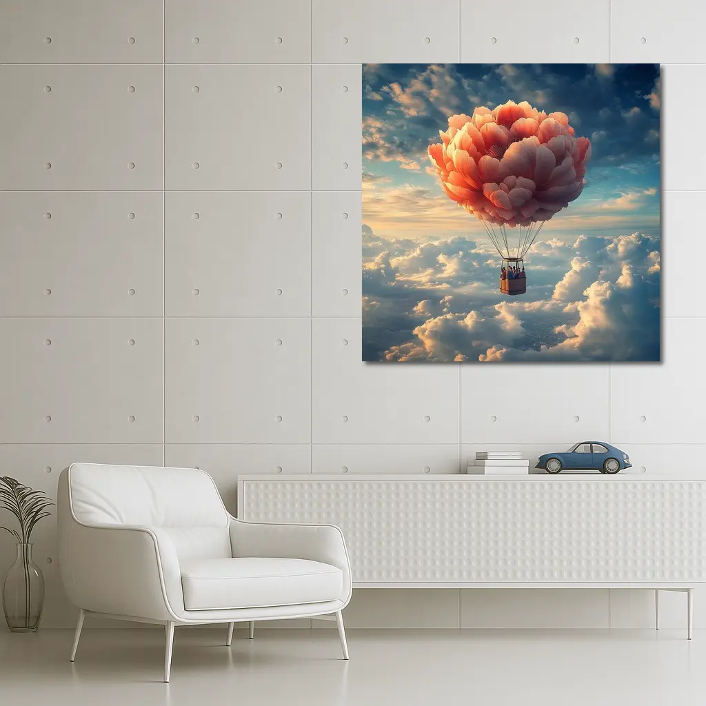 Peony Hot Air Balloon Above Clouds – Wall Art