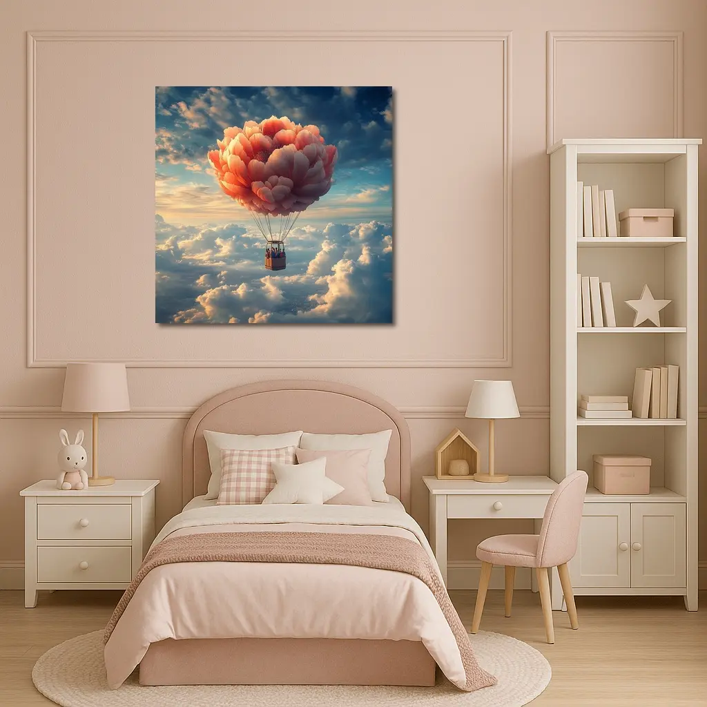 Peony Hot Air Balloon Above Clouds – Wall Art
