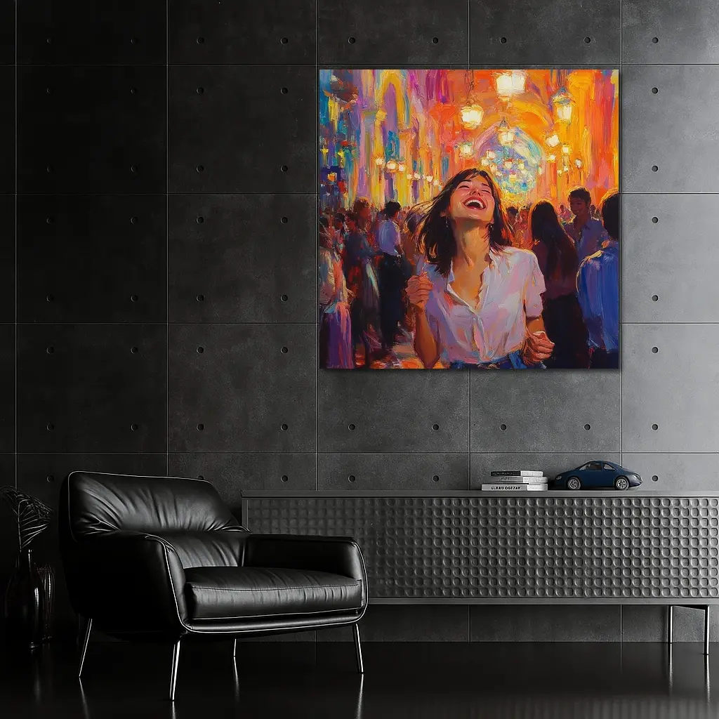 Joyful Woman Laughing Oil Painting Crowd – Wall Art