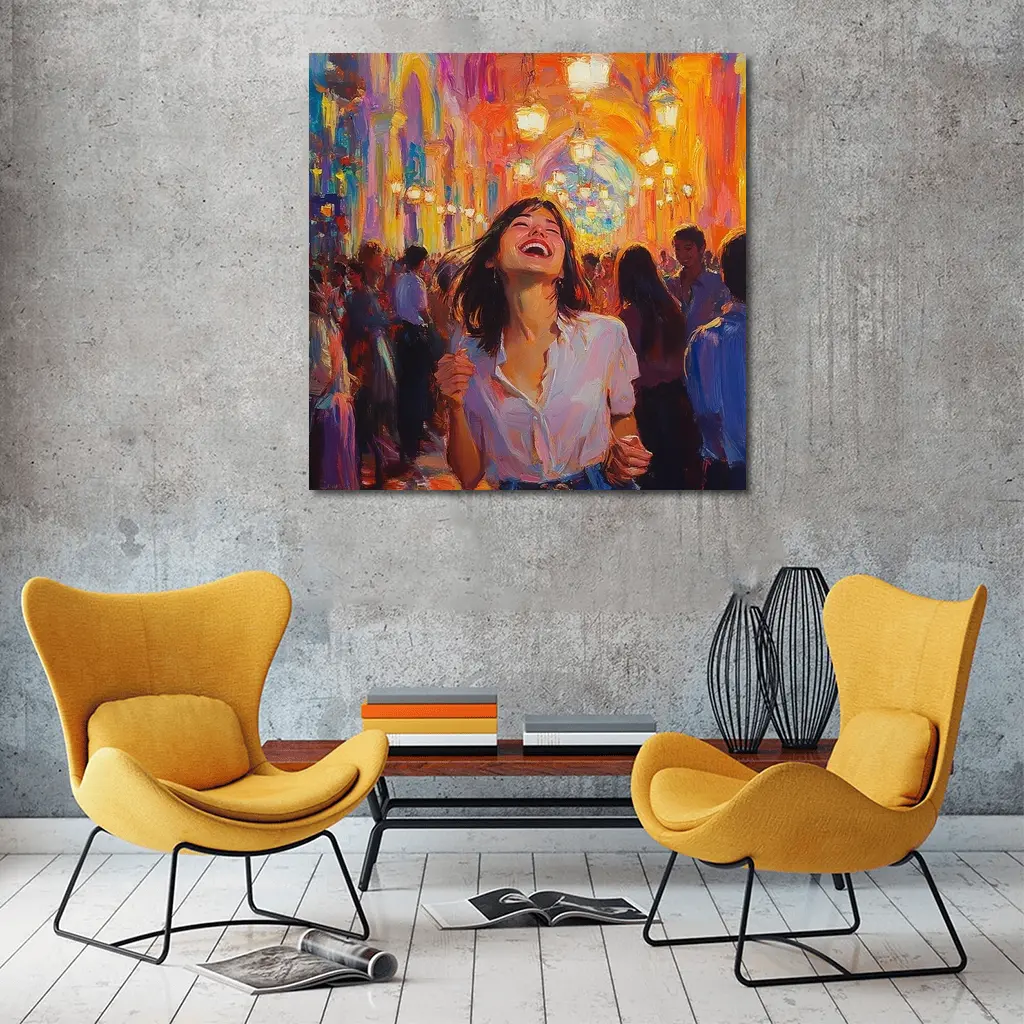 Joyful Woman Laughing Oil Painting Crowd – Wall Art
