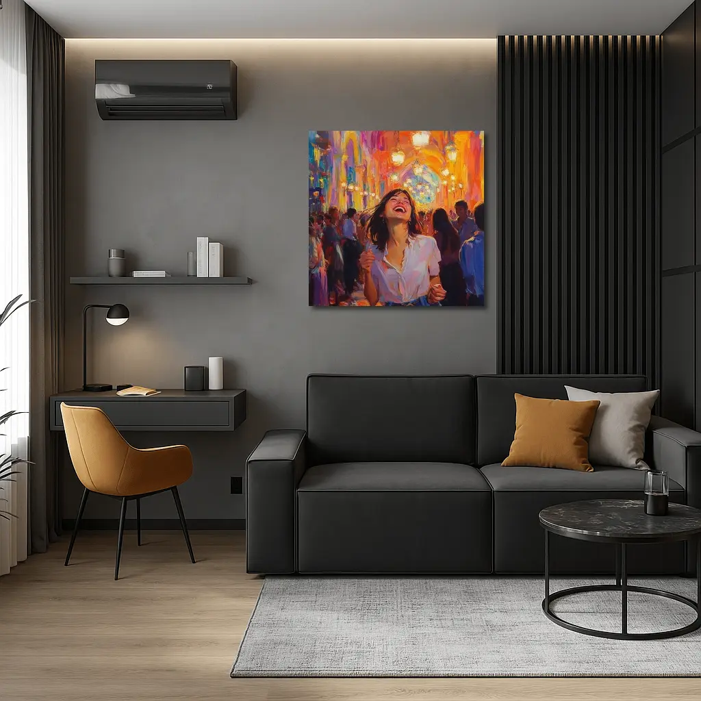 Joyful Woman Laughing Oil Painting Crowd – Wall Art