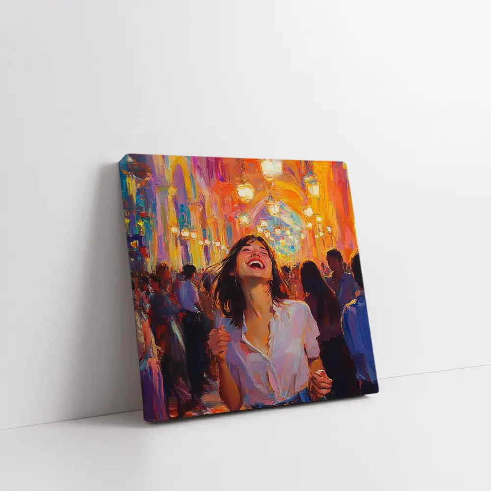 Joyful Woman Laughing Oil Painting Crowd – Wall Art