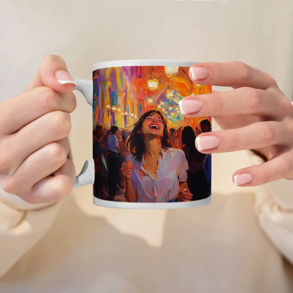Joyful Woman Laughing Oil Painting Crowd – Mugs