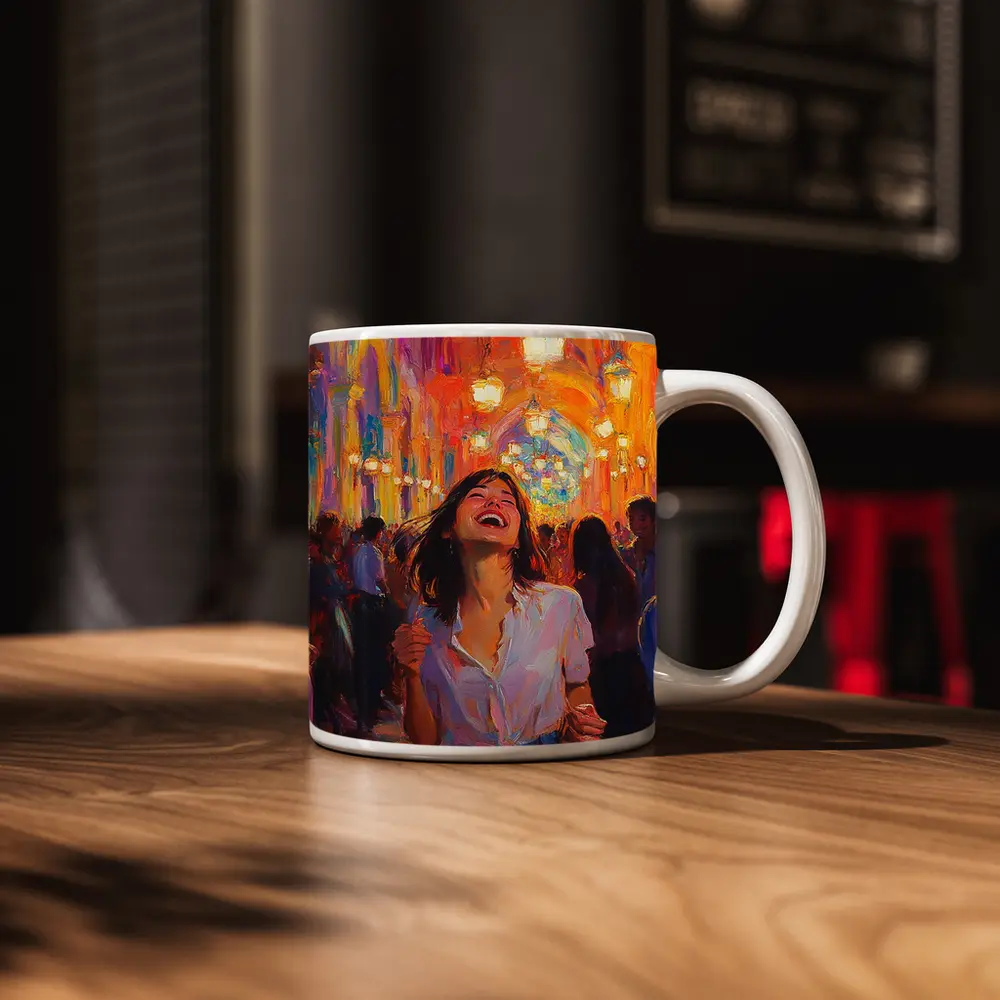 Joyful Woman Laughing Oil Painting Crowd – Mugs