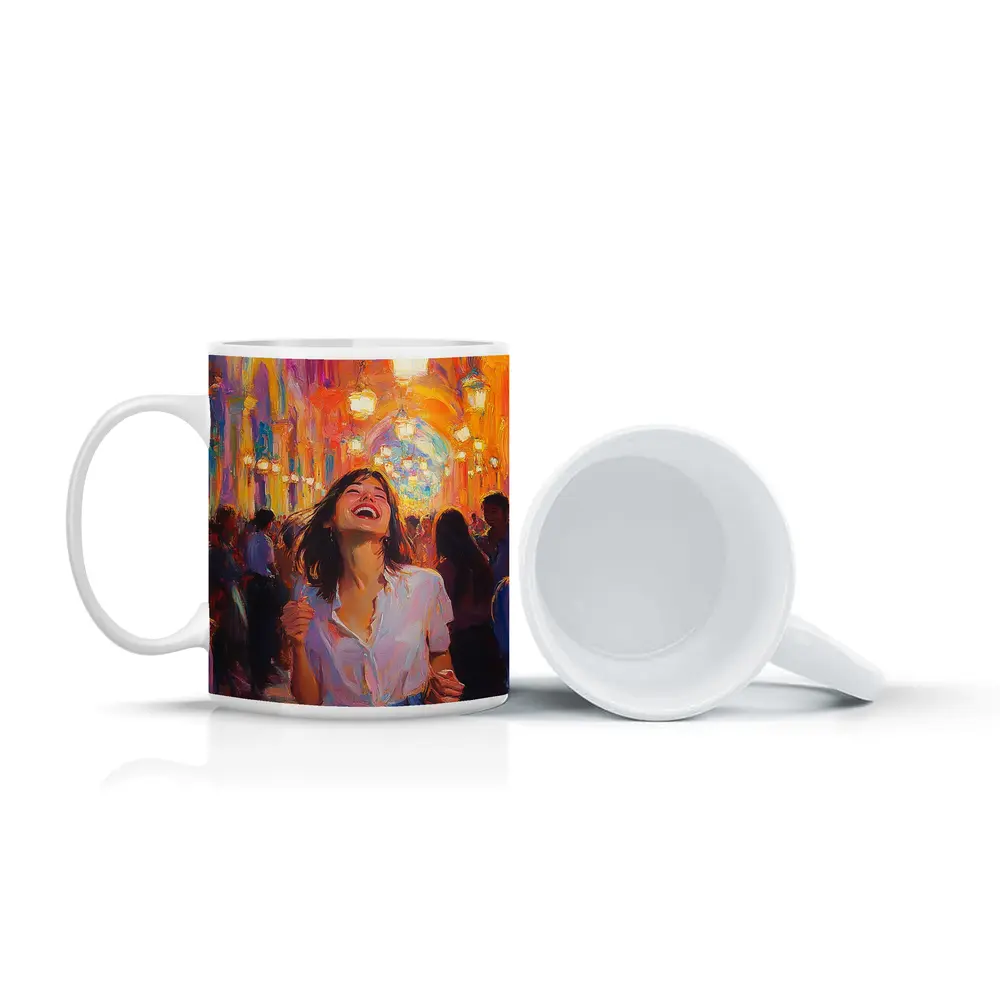 Joyful Woman Laughing Oil Painting Crowd – Mugs