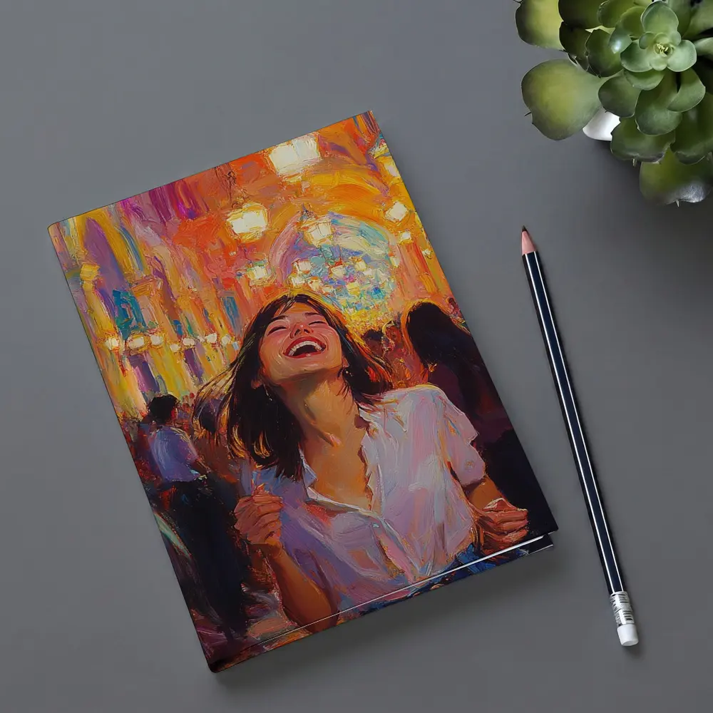 Joyful Woman Laughing Oil Painting Crowd – Notebooks