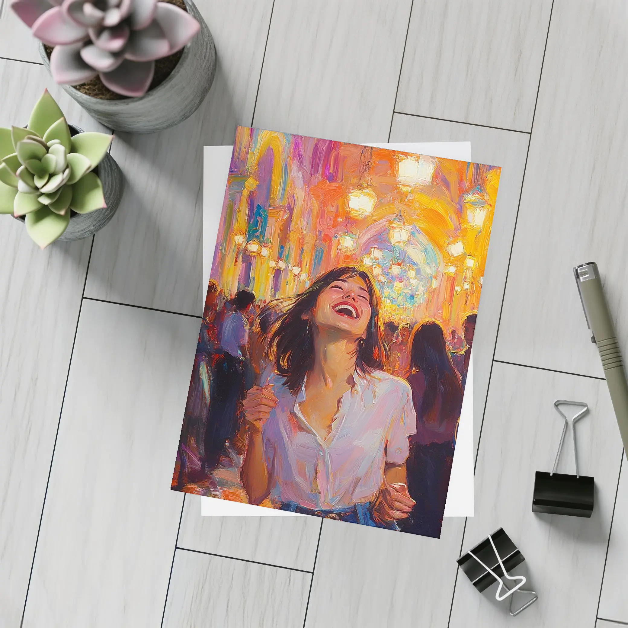 Joyful Woman Laughing Oil Painting Crowd – Postcards
