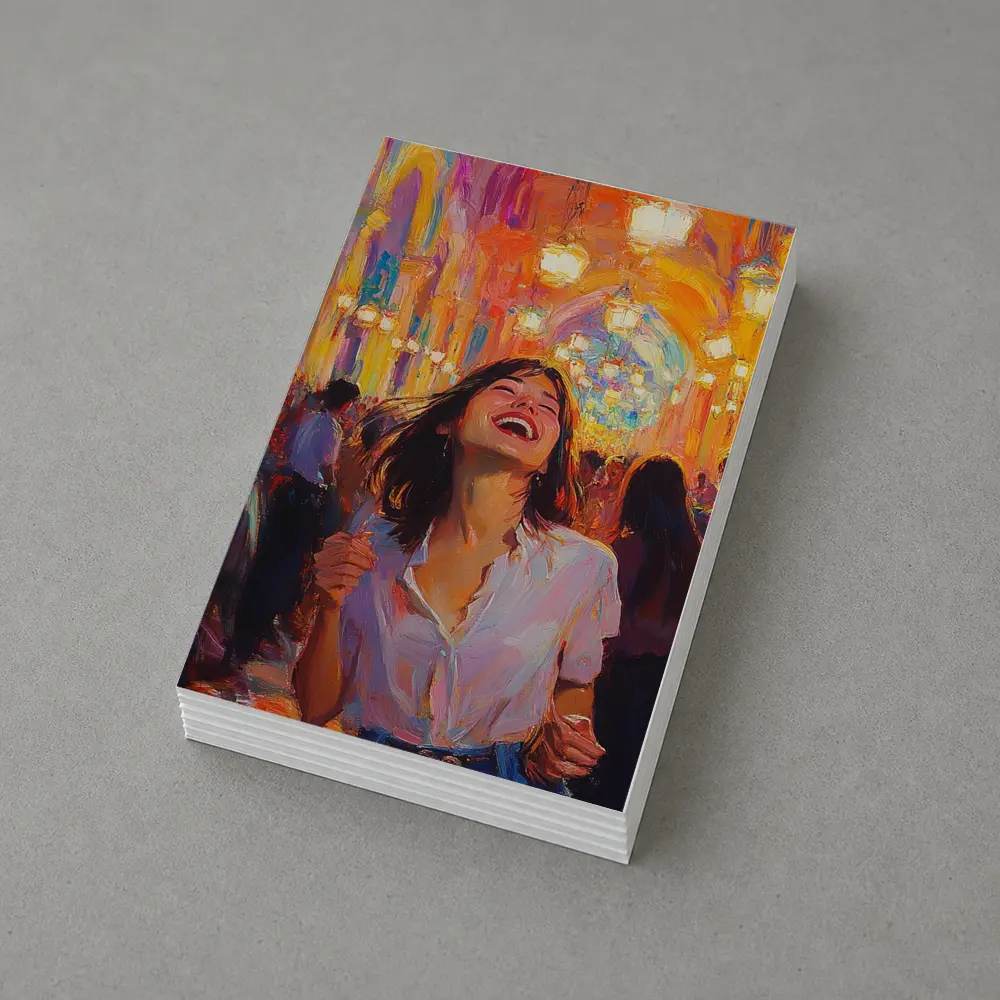 Joyful Woman Laughing Oil Painting Crowd – Postcards