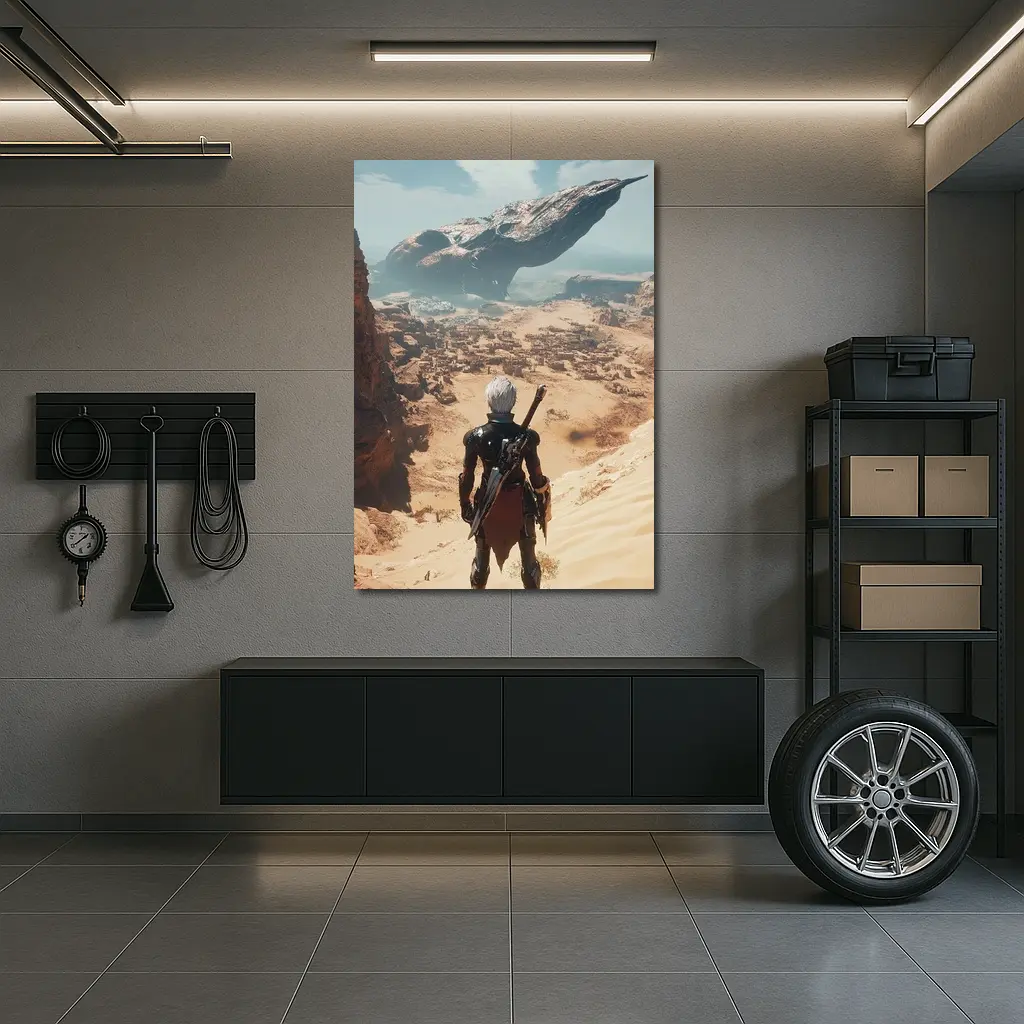 Warrior Overlooking Desert City Alien Spaceship – Wall Art