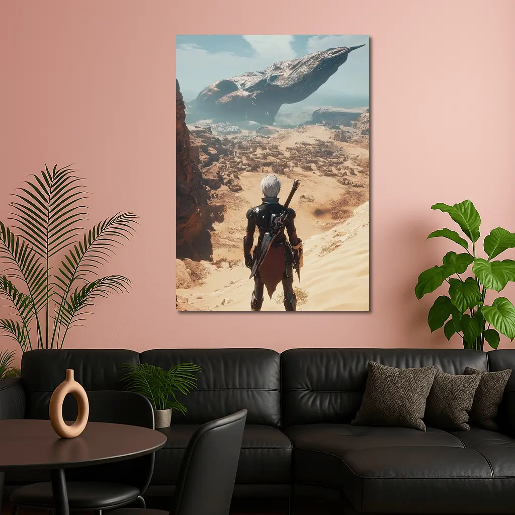 Warrior Overlooking Desert City Alien Spaceship – Wall Art