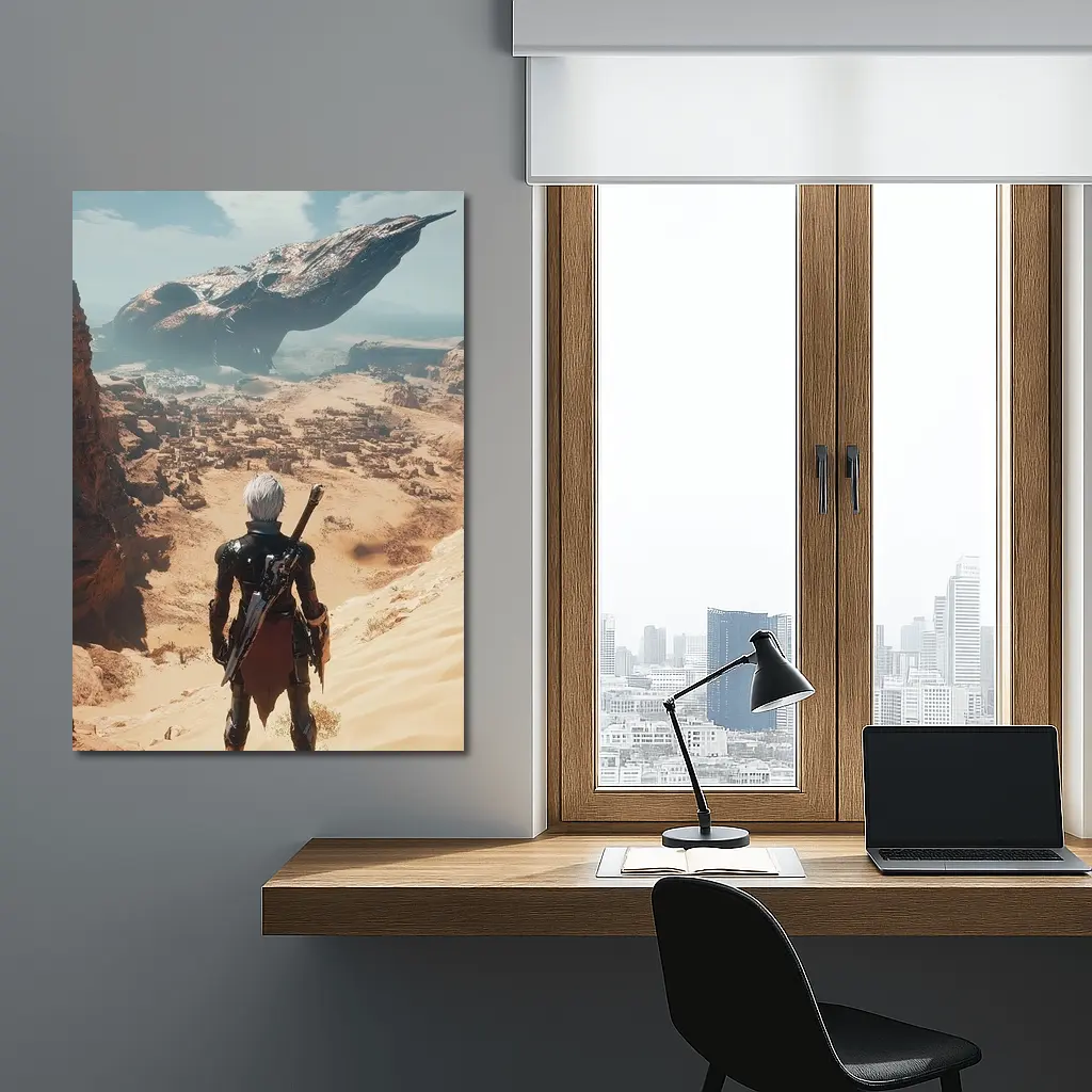 Warrior Overlooking Desert City Alien Spaceship – Wall Art