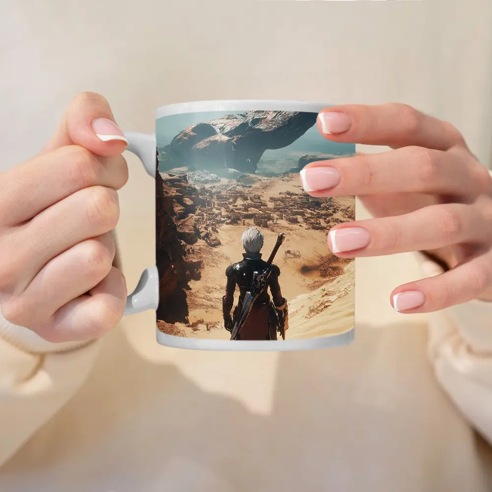 Warrior Overlooking Desert City Alien Spaceship – Mugs
