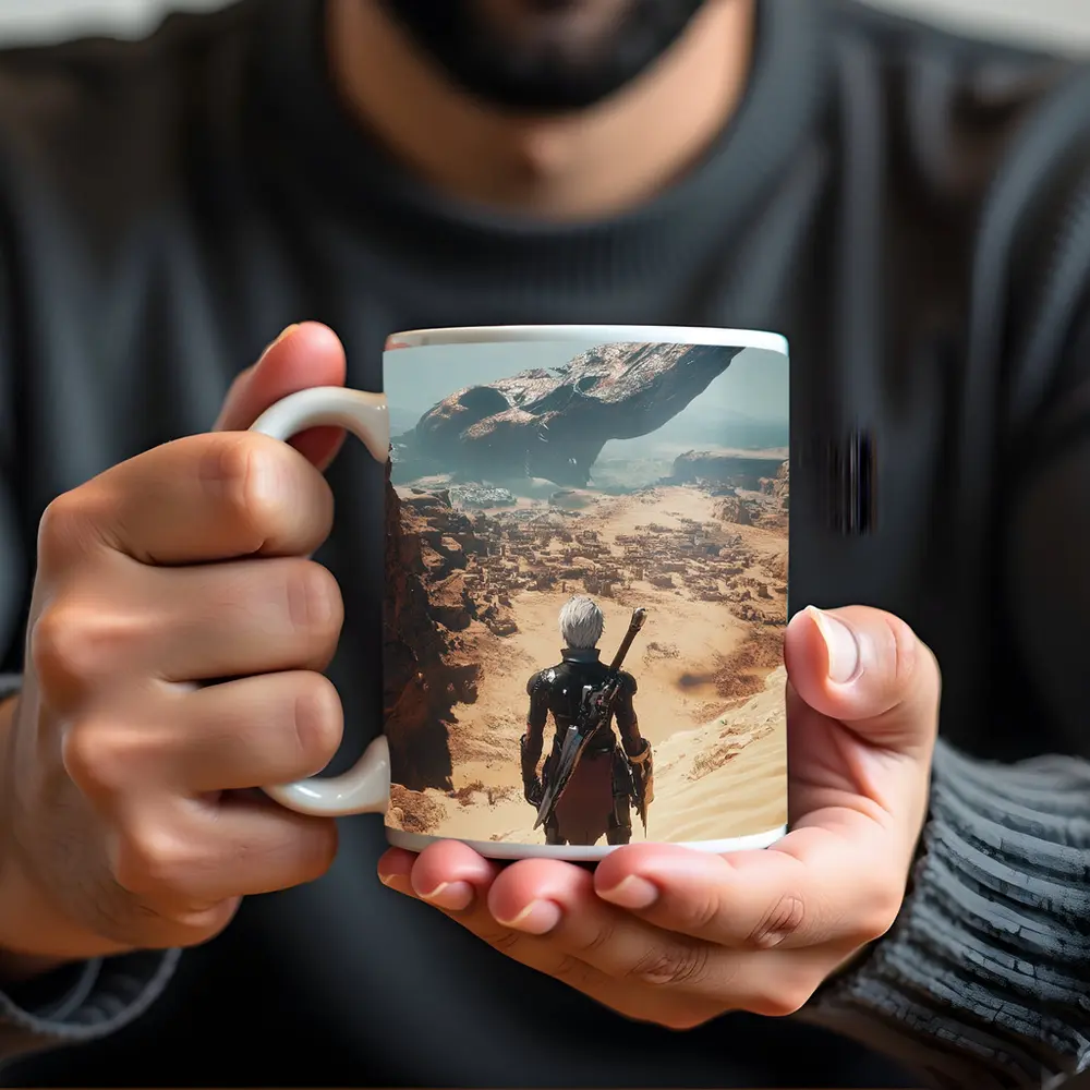 Warrior Overlooking Desert City Alien Spaceship – Mugs