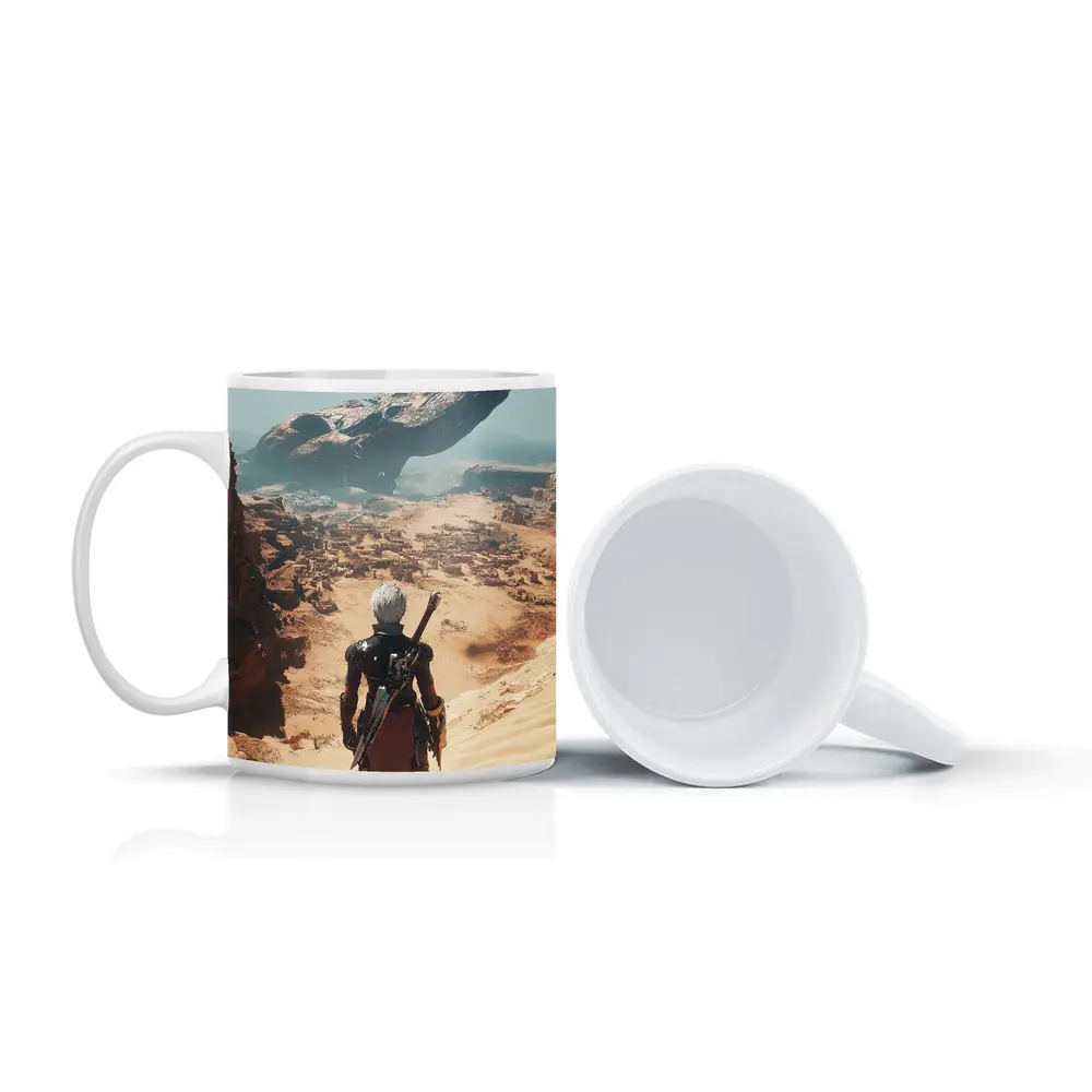 Warrior Overlooking Desert City Alien Spaceship – Mugs