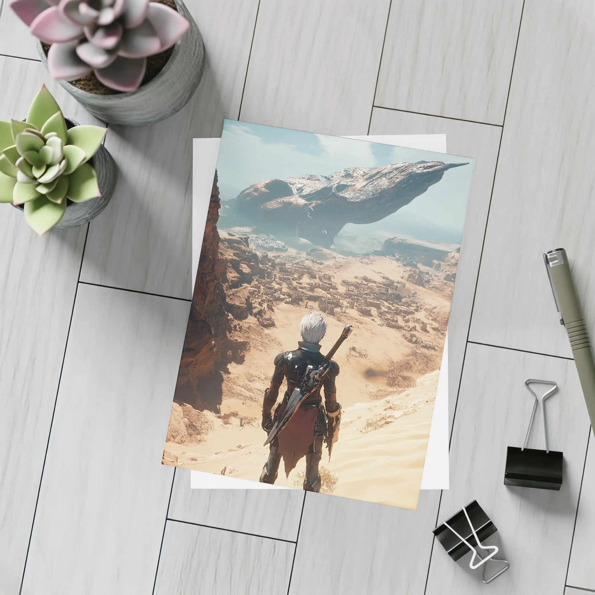 Warrior Overlooking Desert City Alien Spaceship – Postcards
