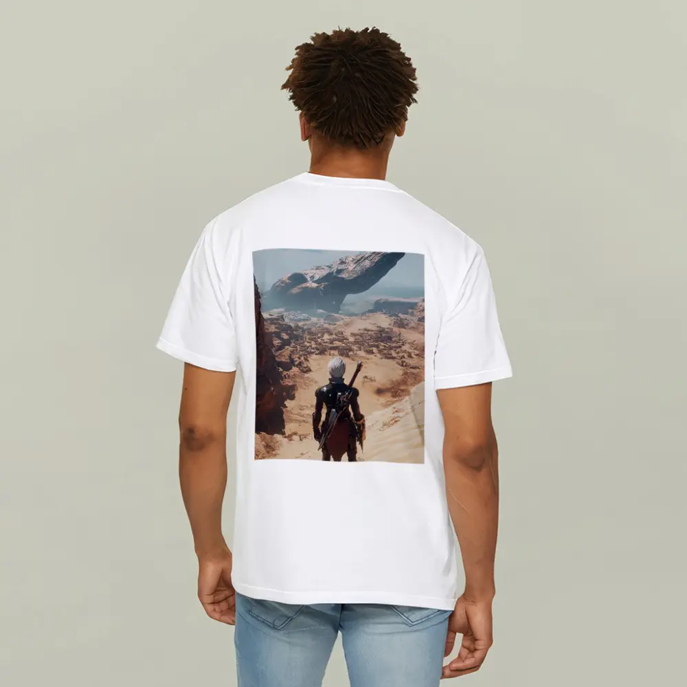 Warrior Overlooking Desert City Alien Spaceship – T-Shirts