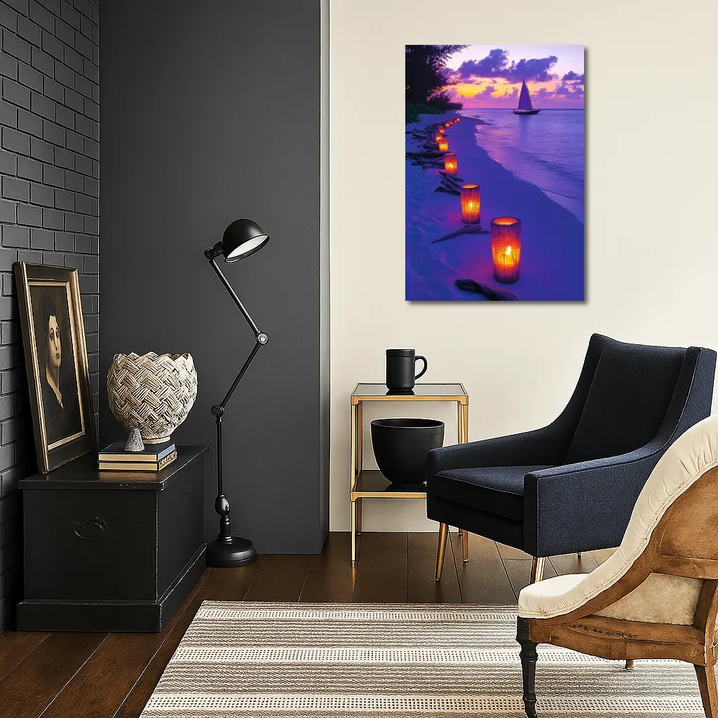 Candlelit Beach Path Purple Sunset Sailboat – Wall Art