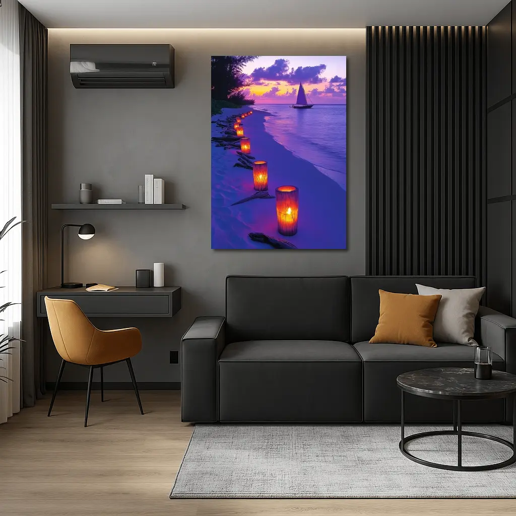 Candlelit Beach Path Purple Sunset Sailboat – Wall Art
